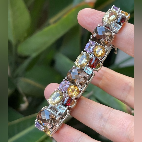 Vintage Jewelry - Multi gemstone heavy solid sterling silver bracelet